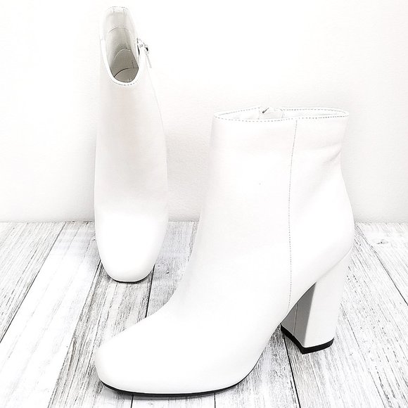 New White Chunky Heel Square Toe Bootie Ankle Boot - Picture 4 of 6